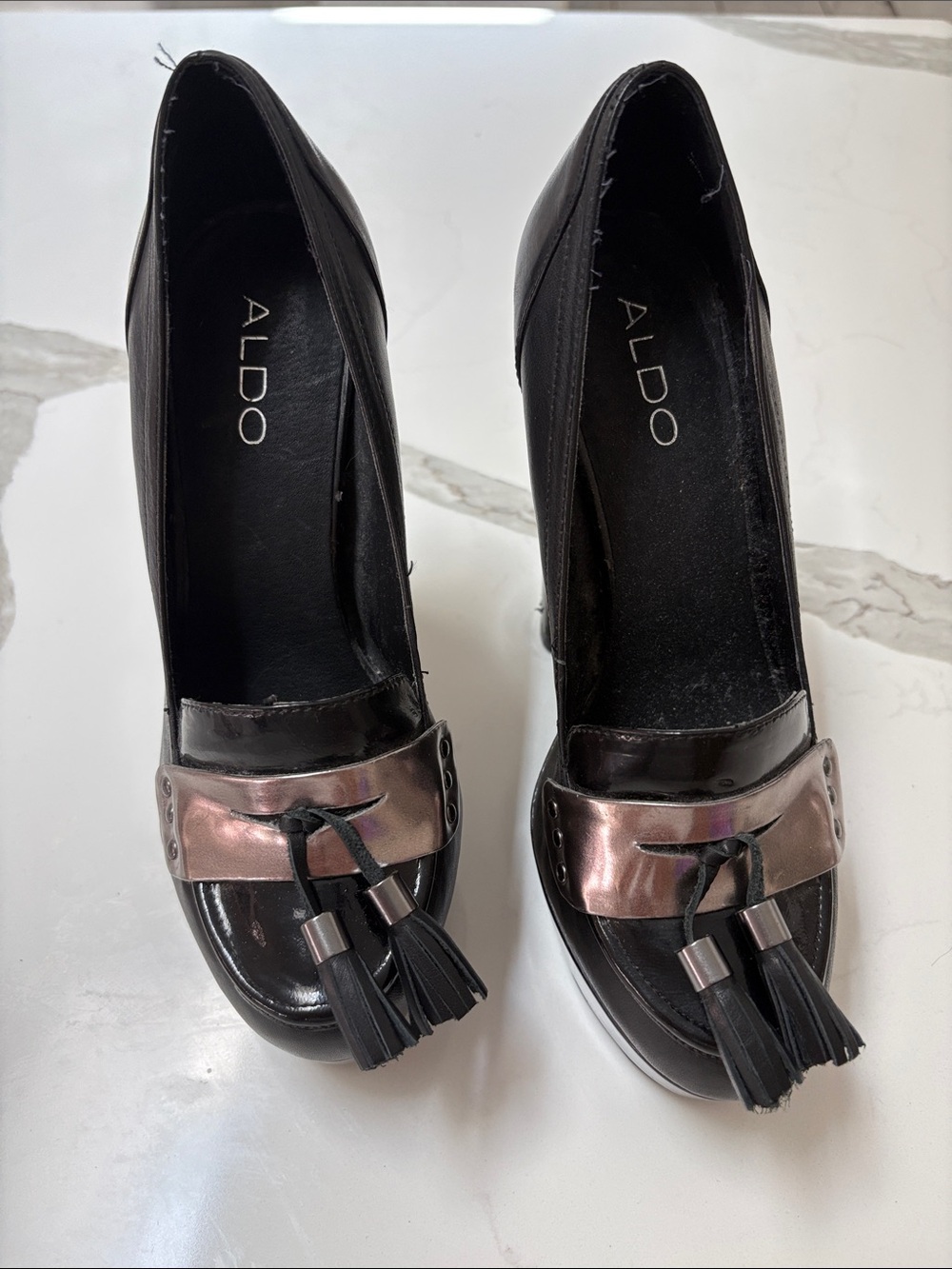 ALDO Black Heeled Loafers with Rose-Metallic Accent and Tassels